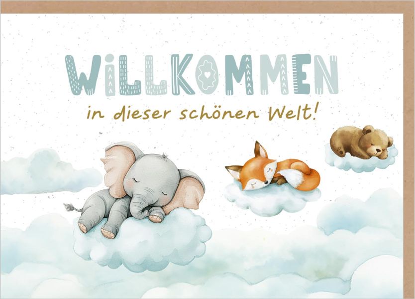 Faltkarte "Willkommen" - Wolken/Tiere
