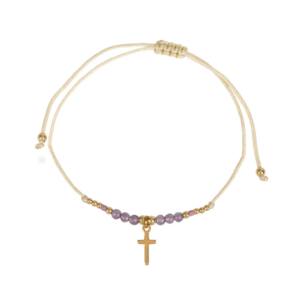 Armband Textil "Perlen/Kreuz/Edelstahl" - gold/lila
